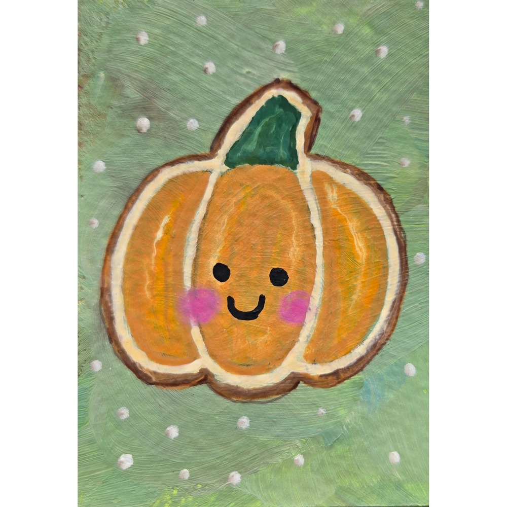 ACEO Pumpkin Painting Original Cute Fall Autumn Mini Art 2.5x3.5 OOAK Signed